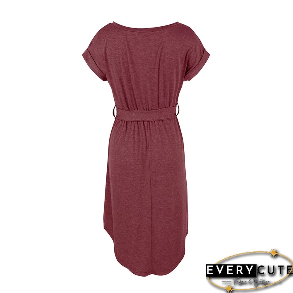 Red Button Up Tie Waist Short Sleeve Knit Dress