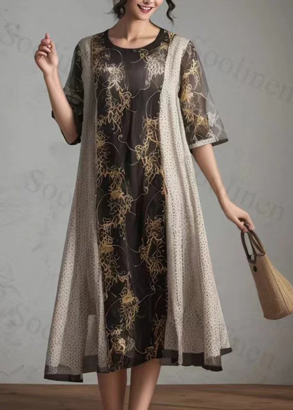 Loose Coffee Patchwor Fake Two Pieces Silk Long Dresses Short Sleeve