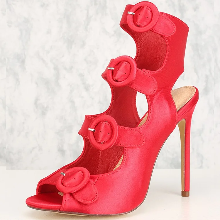 Summer Red Satin Buckle Stiletto Heel Boots Vdcoo