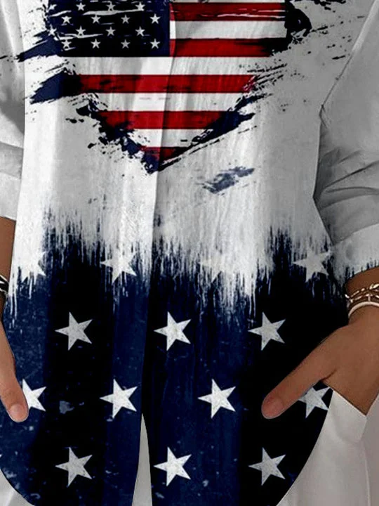 Women 3/4 Sleeve Shirt Collar National Flag Striped Printed Graphic Button Tops
