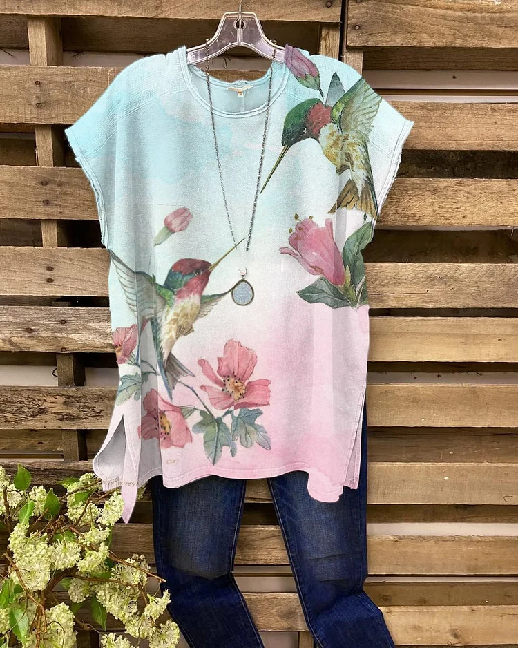 Women's Gradient Hummingbird Watercolor Print Casual Short Sleeves-Mayoulove
