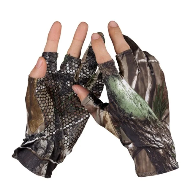 GUGULUZA Camo Fishing Gloves Camouflage Anti-Slip Elastic Thin Mitten 3 Fingers Cut Camping Cycling Hunting Half-Finger Gloves