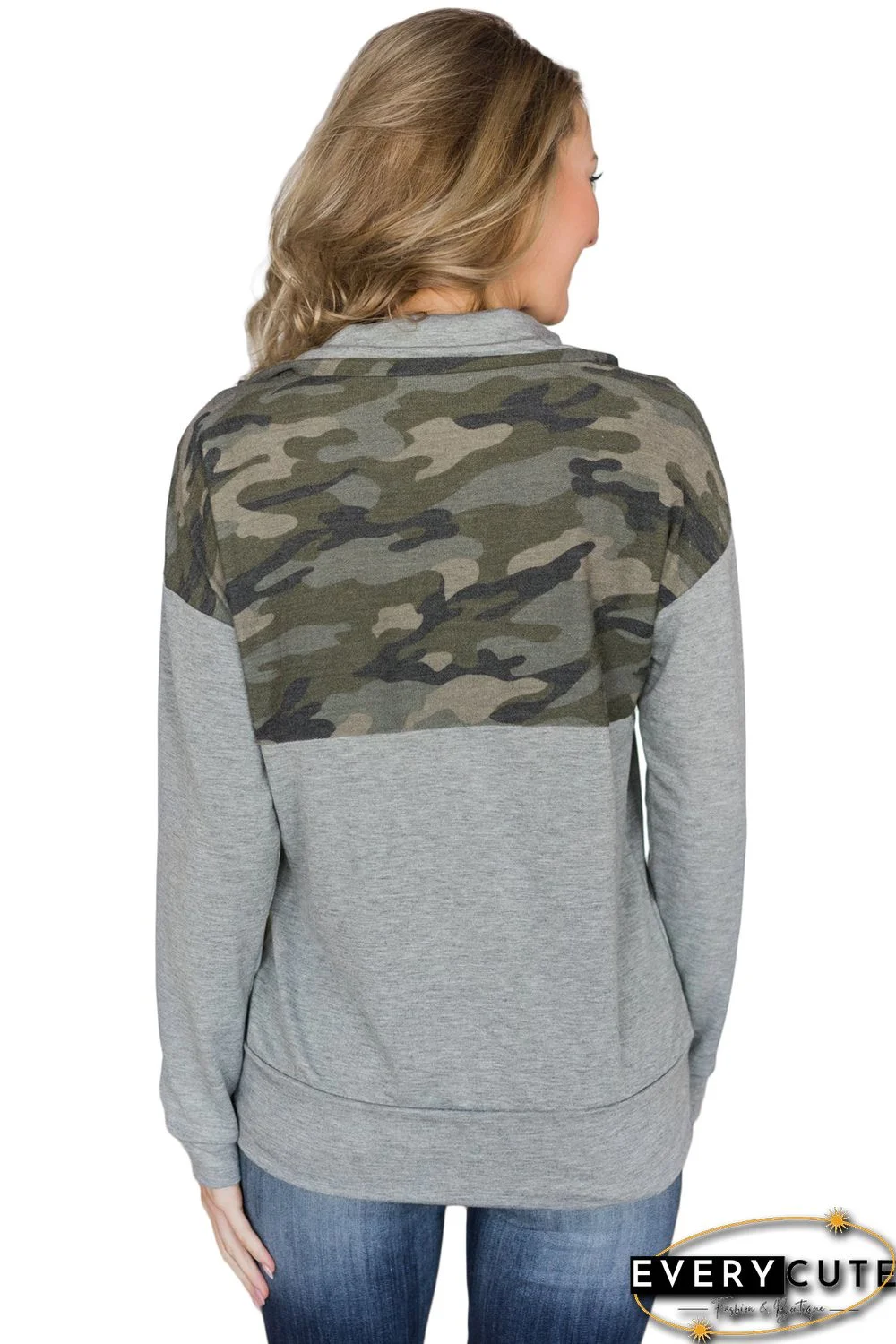 Camo Splice Gray Kangaroo Pocket Zip Collar Sweatshirt