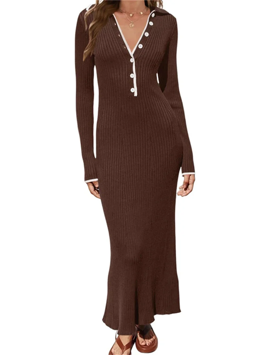 Oocharger Women's Autumn Knit Ribbed Bodycon Dress Elegant Fashion Patch Color Long Sleeve Lapel Neck Button down Wrap Long Dress