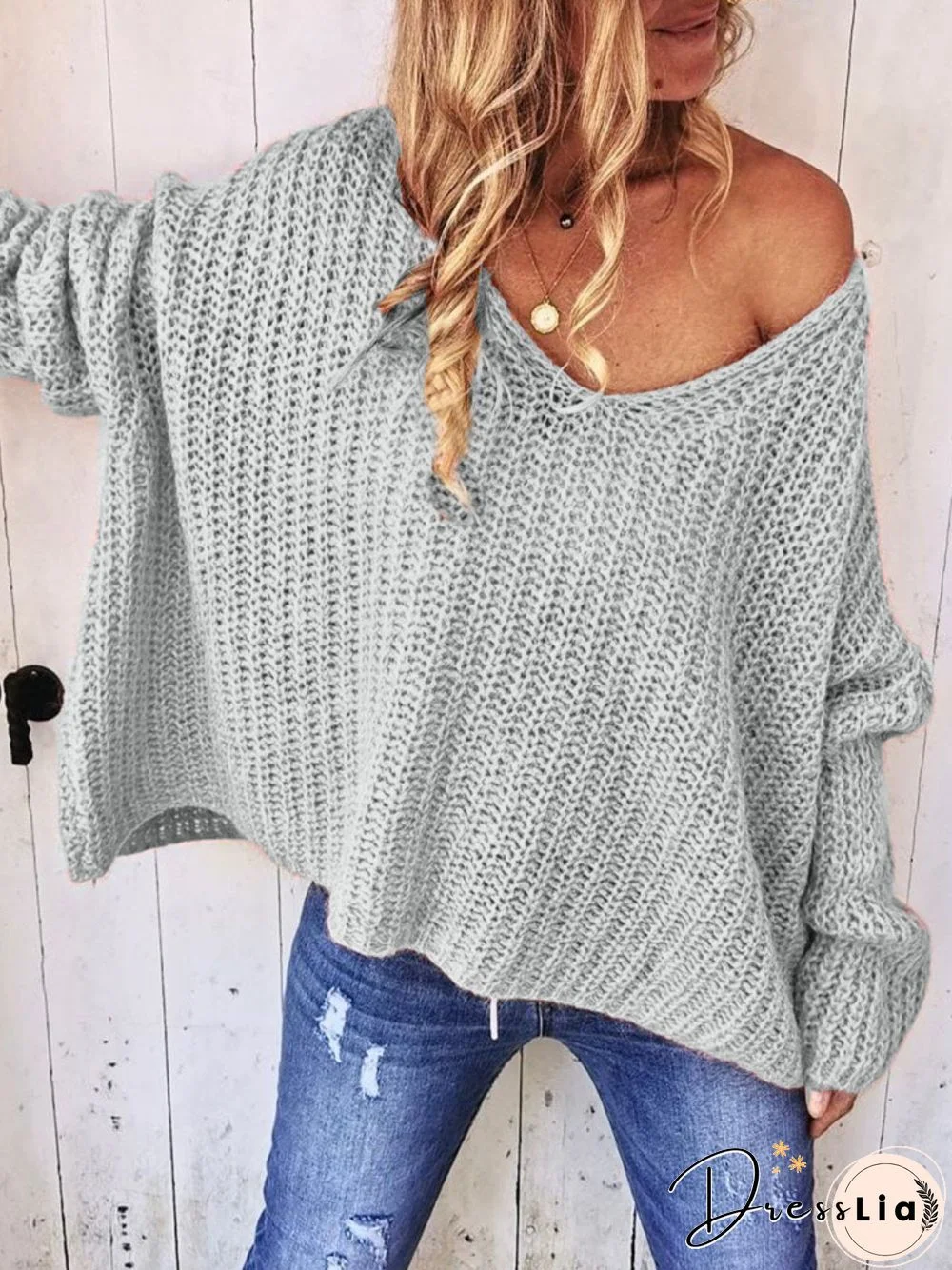 Casual V Neck  Long Sleeve Solid Sweater