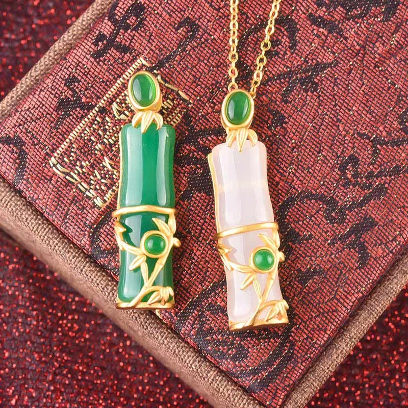 White Jade Cyan Jade Bamboo Protection Necklace Pendant