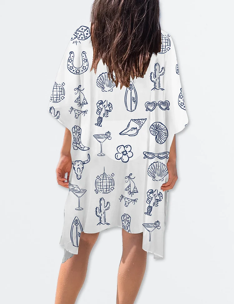 Women&rsquo;s Cowgirl Coastal Bachelorette Hand Drawn Whimsical Short Sleeve Duster Kimono Coverup