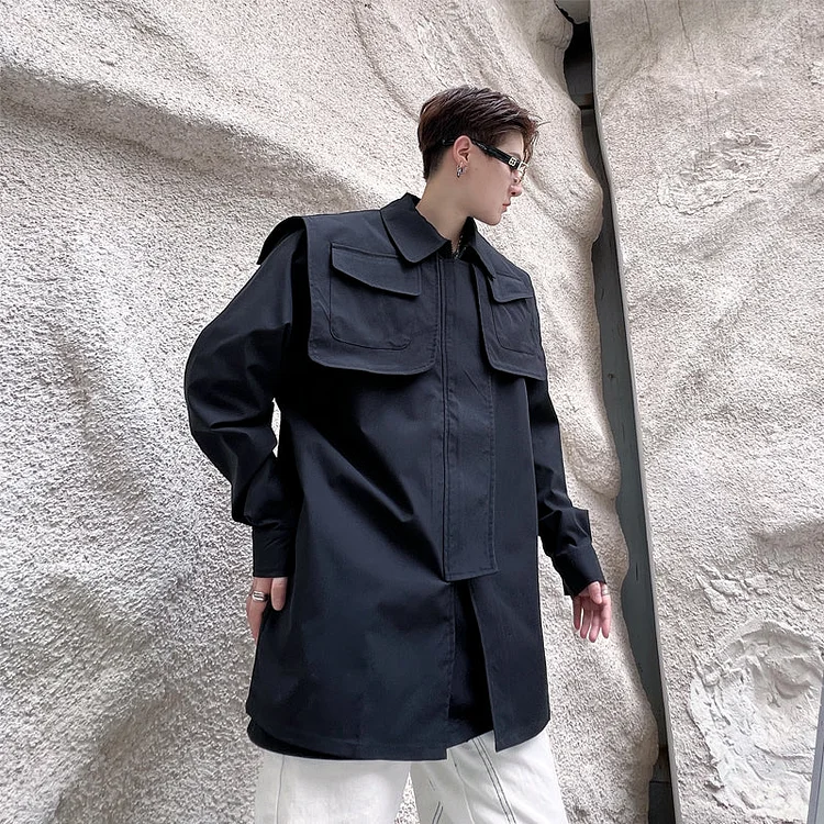 Dawfashion Techwear Streetwear-Detachable Small Shawl Vest Jacket Cargo Wear Long Sleeve Shirt Jackets-Streetfashion-Darkwear-Techwear