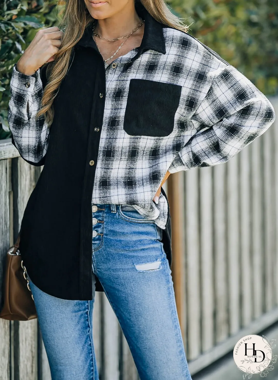 Double Take Plaid Color Block Dropped Shoulder Corduroy Shacket