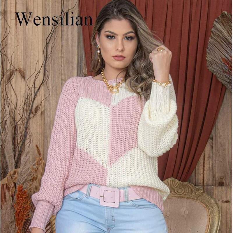 Women Knitted Sweater Autumn Thin Heart Print Patchwork O Neck Pullovers Casual Long Sleeved Love Knitwear Loose Sueter Mujer