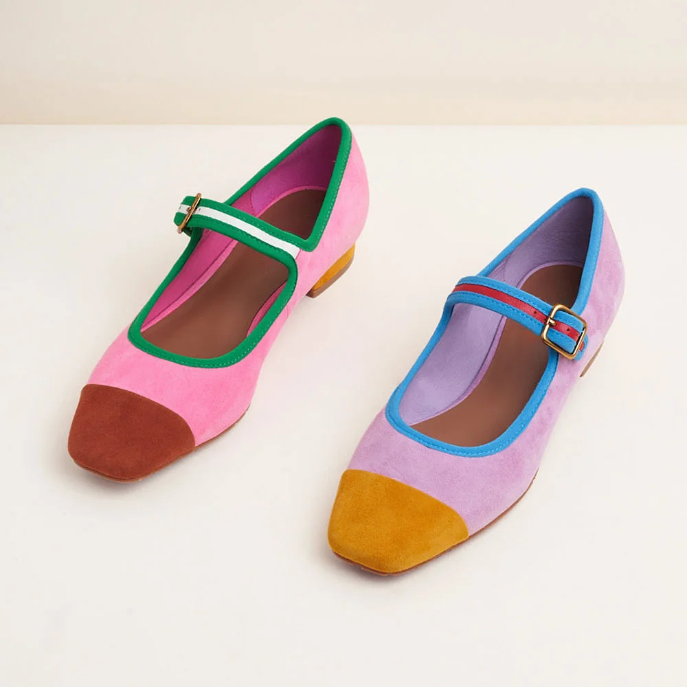 Multicolor Vegan Suede Buckle Strap Square Toe Flat Shoes for Women