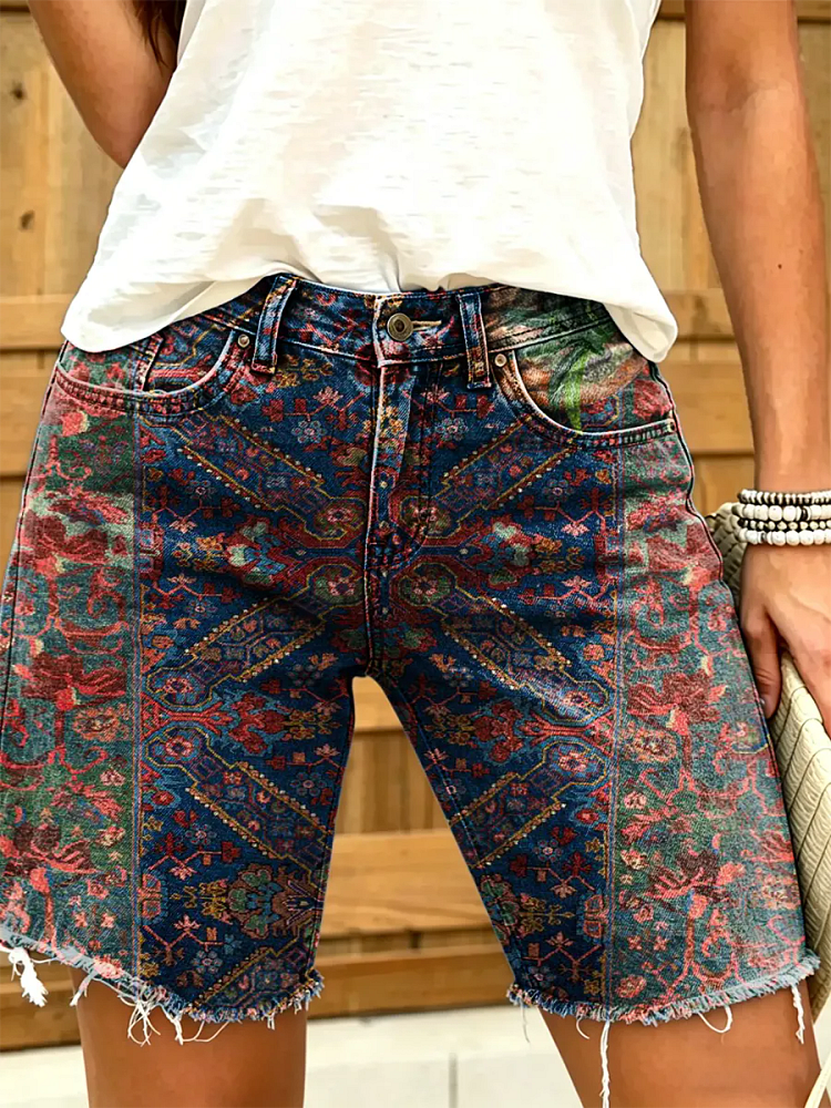 Women's Vintage Floral Print Denim Shorts