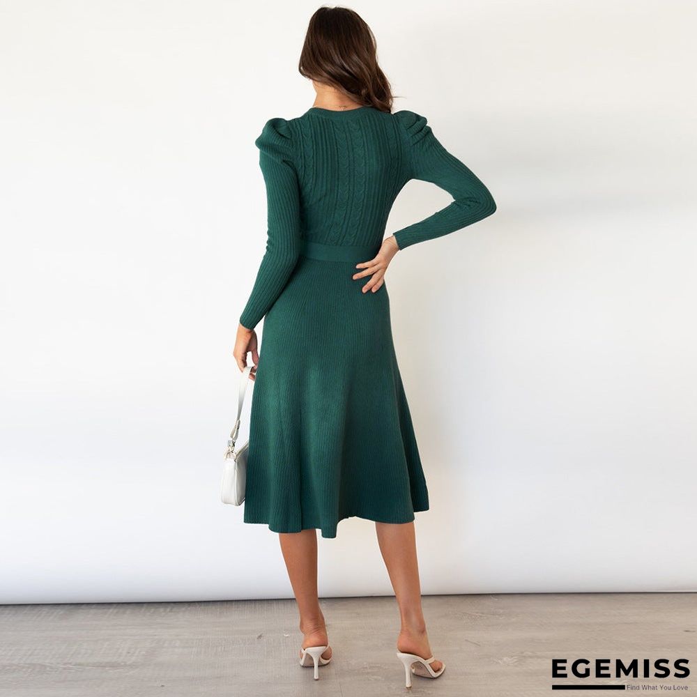 Bubble Long Sleeve Knitted Skirt Medium Long Wool Dress Black Dresses | EGEMISS