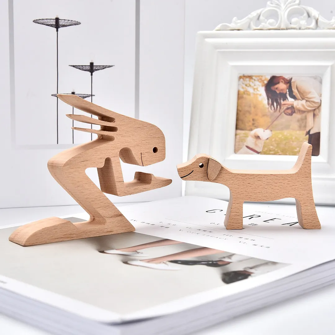 Family Puppy Wood Dog Craft Figurine Desktop Table Ornament Carving Model Creative Home Office Decoration Love Pet Dropshipping
