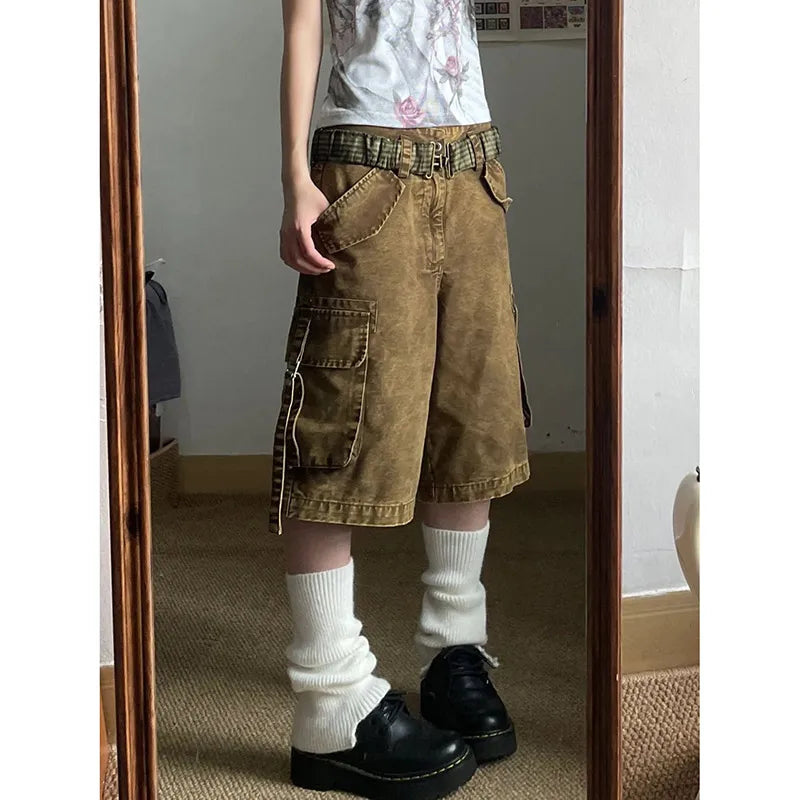 Aiertu Brown Women's Shorts Jeans High Waist Straight Pants Streetwear Y2K Vintage Female Wide Leg Denim Five Points Boyfriend Trouser Aiertu