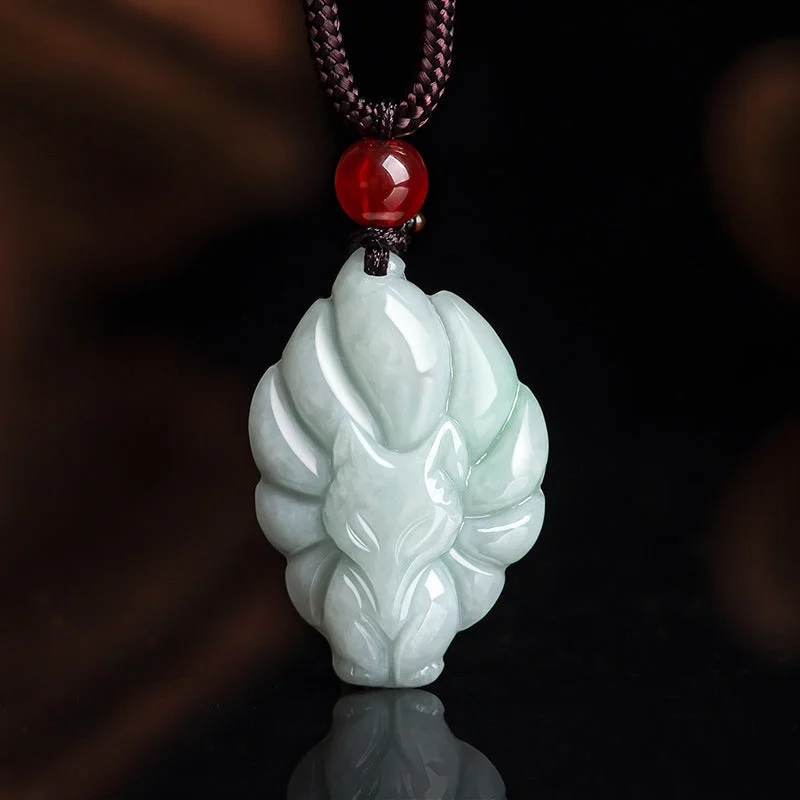 Natural Jade Nine Tailed Fox Luck Prosperity Necklace Pendant