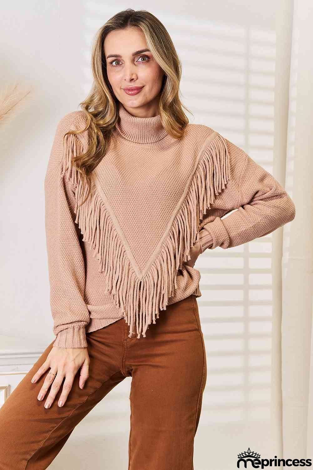 Woven Right Turtleneck Fringe Front Long Sleeve Sweater