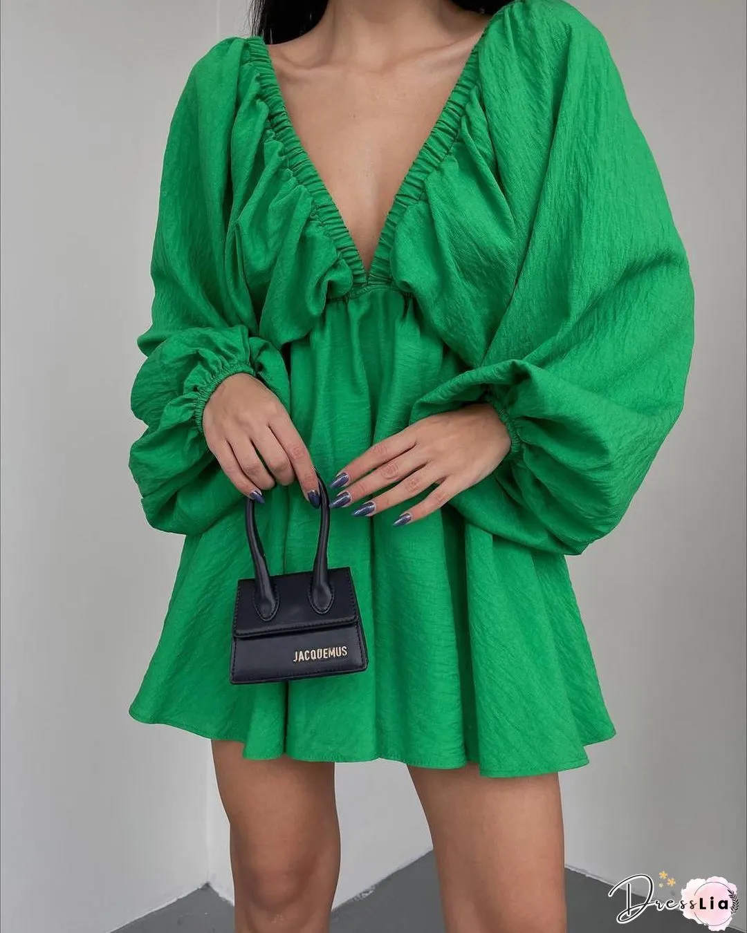 Casual Solid Split Joint V Neck Cake Skirt Dresses(4 Colors)