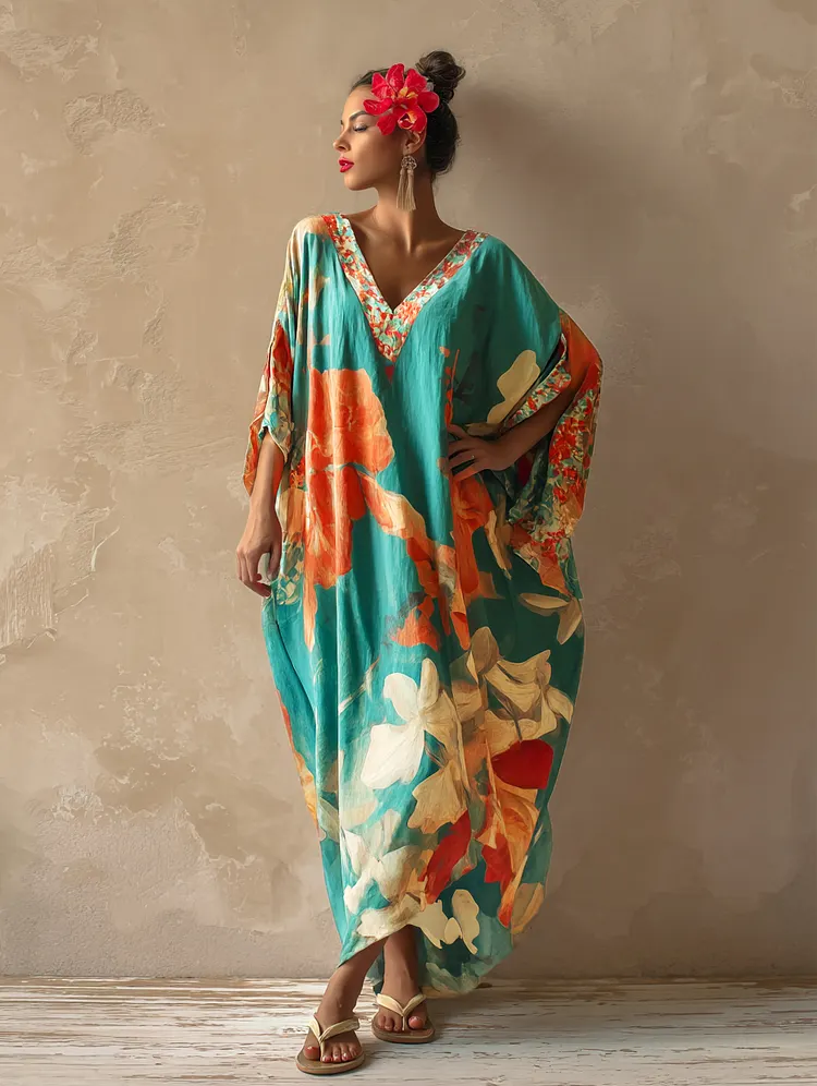 Abstract Bouquet  Art Linen V-Neck Kaftan