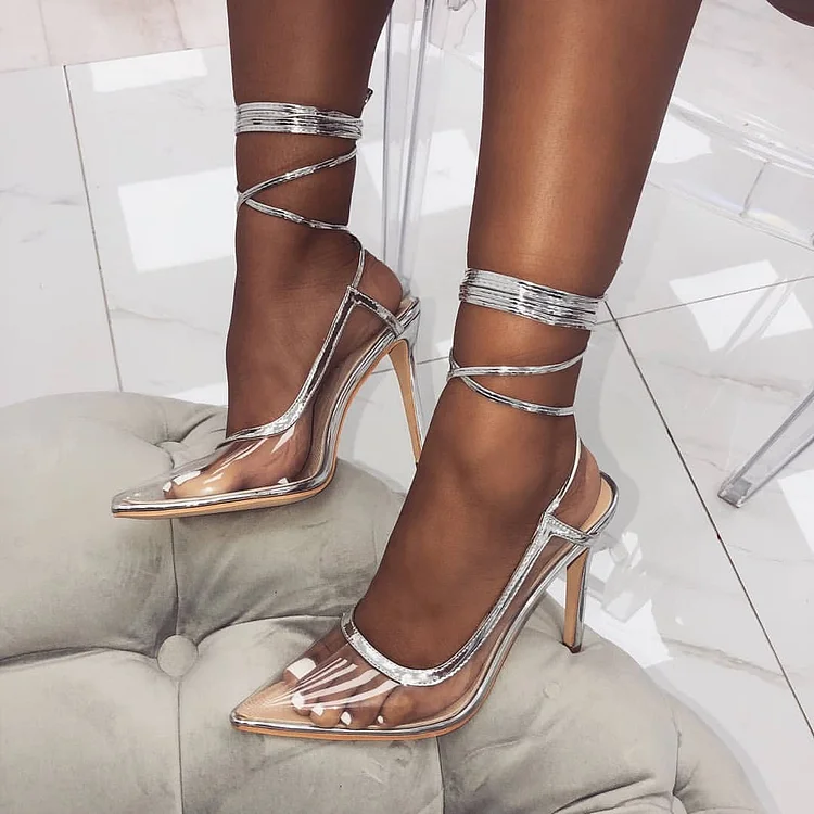 Silver transparent Heels Strappy Heels Pointy Toe Slingback Heels Pumps |FSJ Shoes