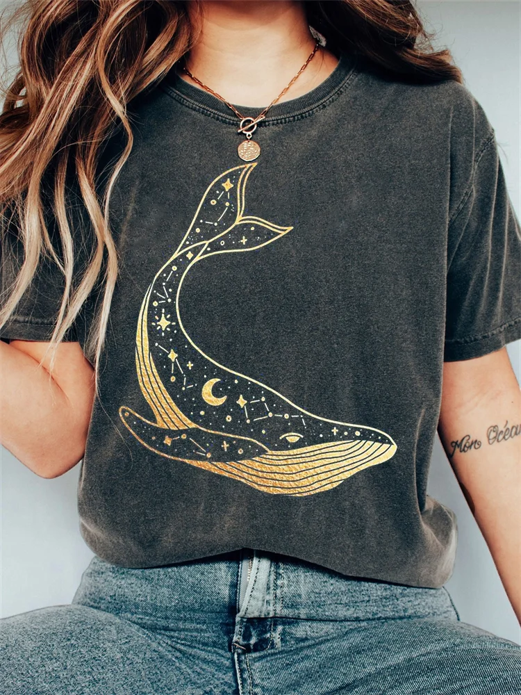 Celestial Whale Graphic Vintage Washed T Shirt