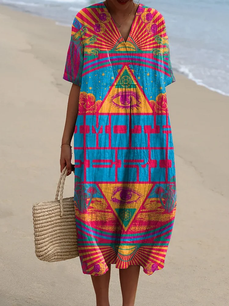 Women's Psychedelic Illustration Geometric Eye Art Print Flowing Dress