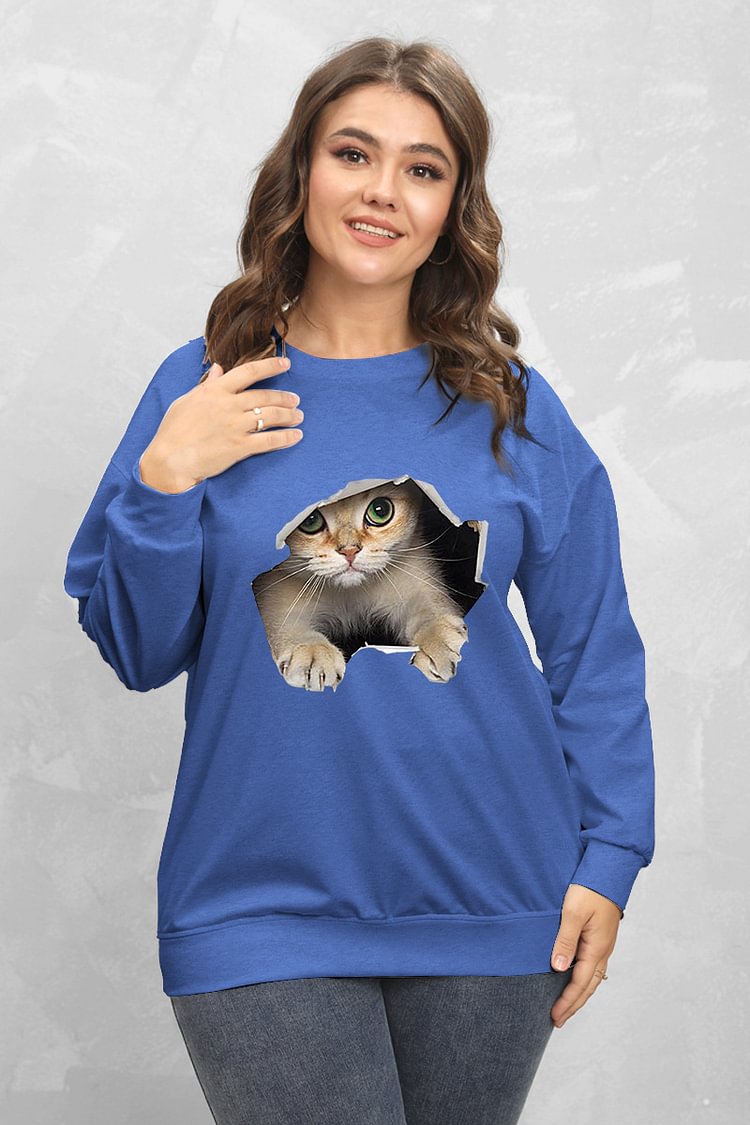 Flycurvy Plus Size Casual Dark Blue 3D Cat Print Rib Knit Sleeve Sweatshirt  flycurvy [product_label]