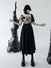 Design Square Collar Flower Printed Irregular Patchwork With Choker Pleated Short Sleeve Dress