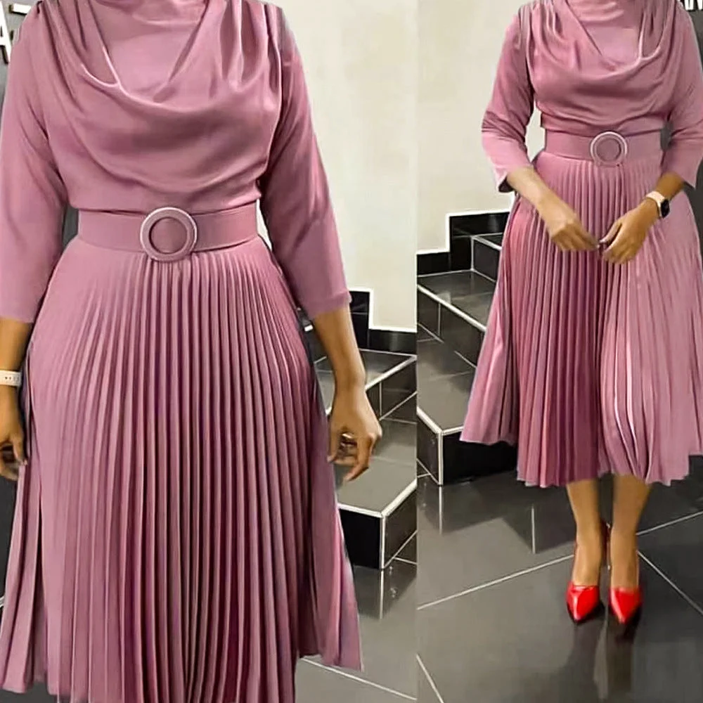 Brownm Autumn Fashion African Solid Color Pleated Dresses