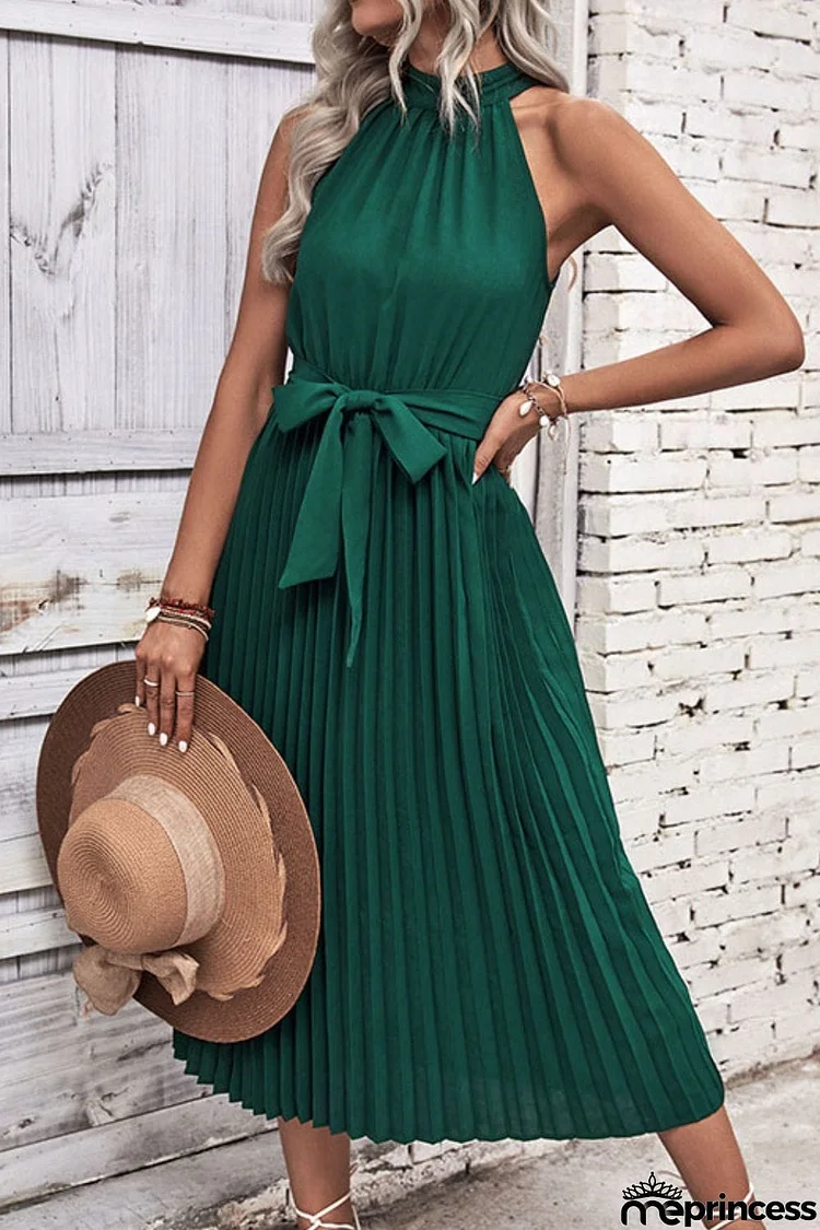 Tie Belt Pleated Midi Dress