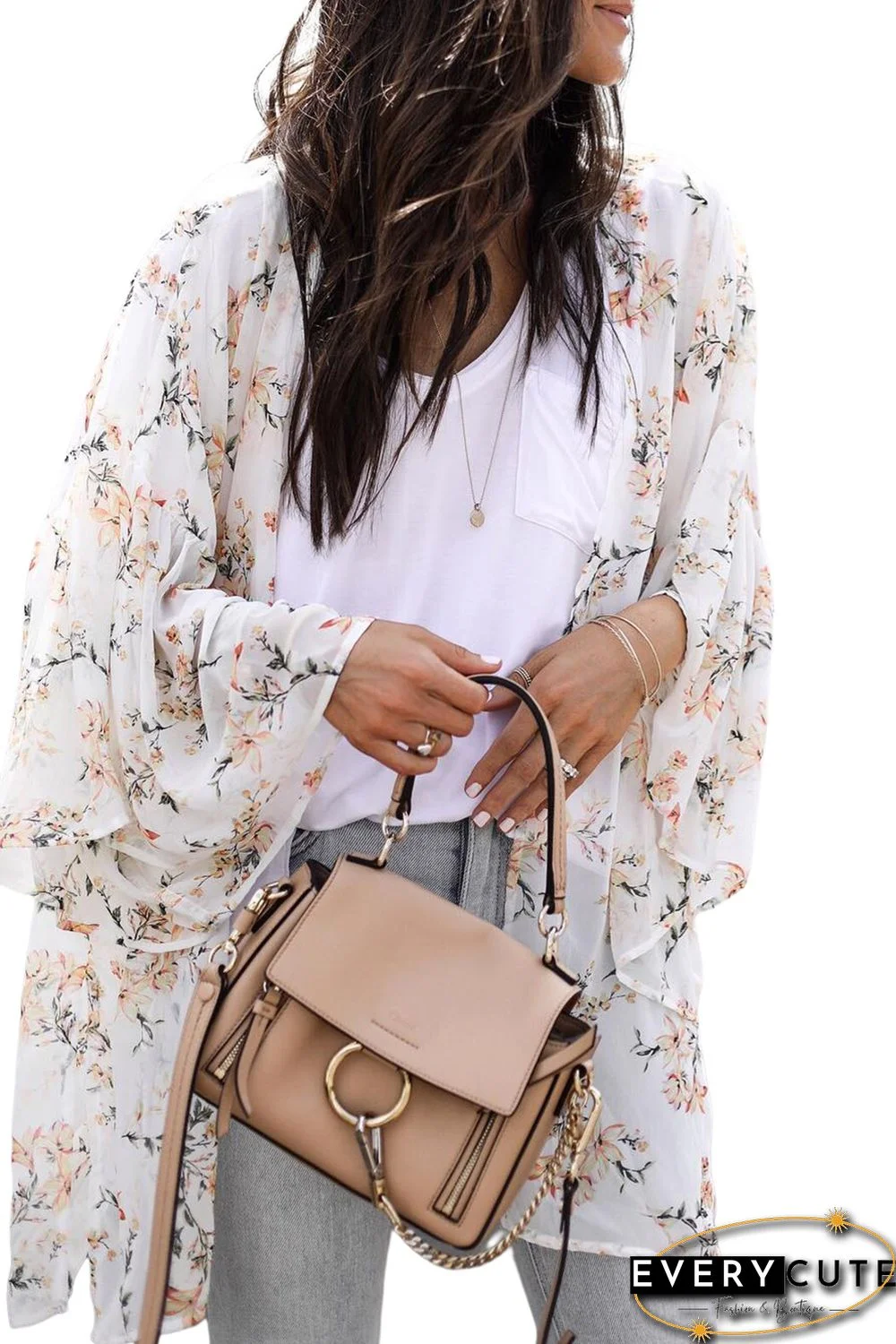 White Floral Print Ruffled Long Sleeves Kimono