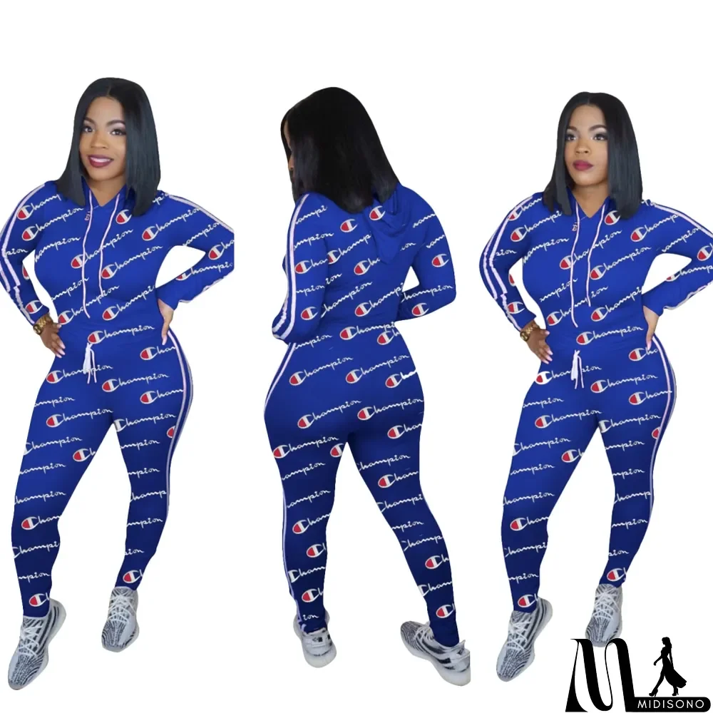 MidiSono - Autumn Casual Logo Print Tight Hoody Jogger Suit