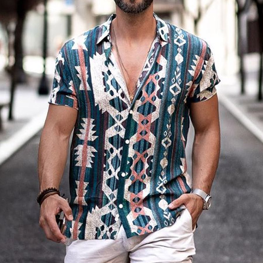 Men A Lapel Short Sleeve Geometric Patterns Shirt / [viawink] /