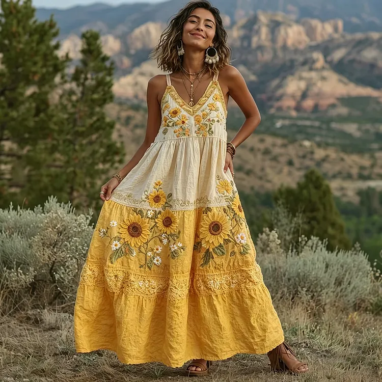 🌻 Women's Sunflower Embroidered Boho Maxi Dress