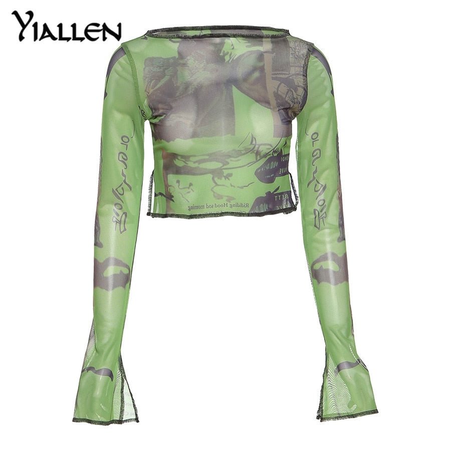 Yiallen Autumn Mesh Vintage Printed Tops Women Side Slit Flare Sleeve O Neck T-shirt Trend Casual Streetwear Skinny Tees Hot