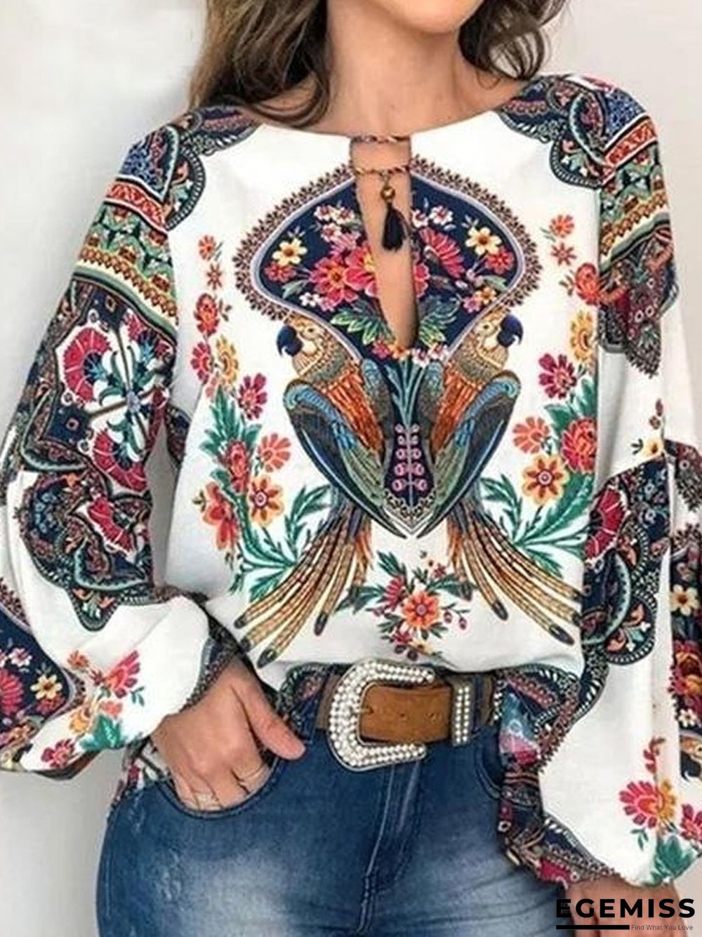 5XL Boho Floral Print Lantern Sleeve Shirt Sexy Lace-up Tassel O Neck Women Tops Blouse | EGEMISS