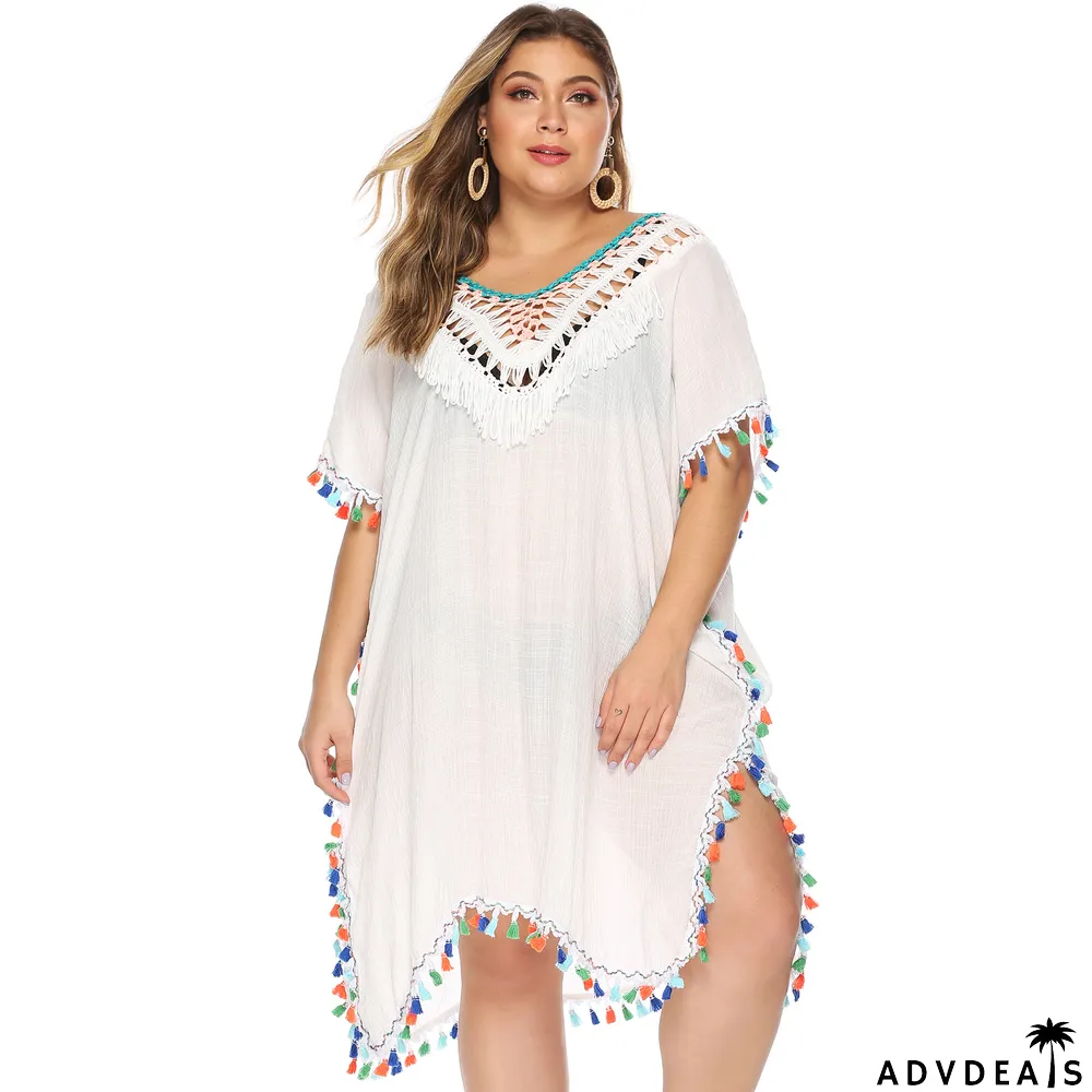 Plus Size Women's Irregular Hook Patchwork Multi-Color Tassel Deep V Sexy Loose Plus Size Beach Cover Up