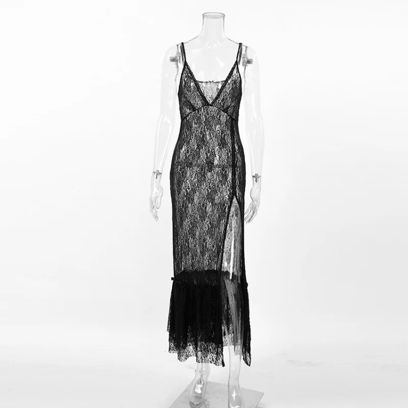 Hubecwheels costumes for adult women Talenza Sexy Lace See-through Long Dress Women's Fashion Patchwork Solid V-Neck Sling Dress High Waist Slit Slim Party Dress