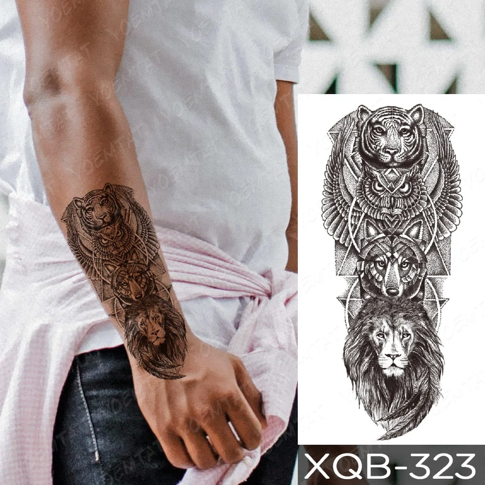 Waterproof Temporary Tattoo Sticker Sword Prajna Flowers Tattoos Indian Eagle Dragon Tiger Body Art Arm Fake Sleeve Tatoo Women