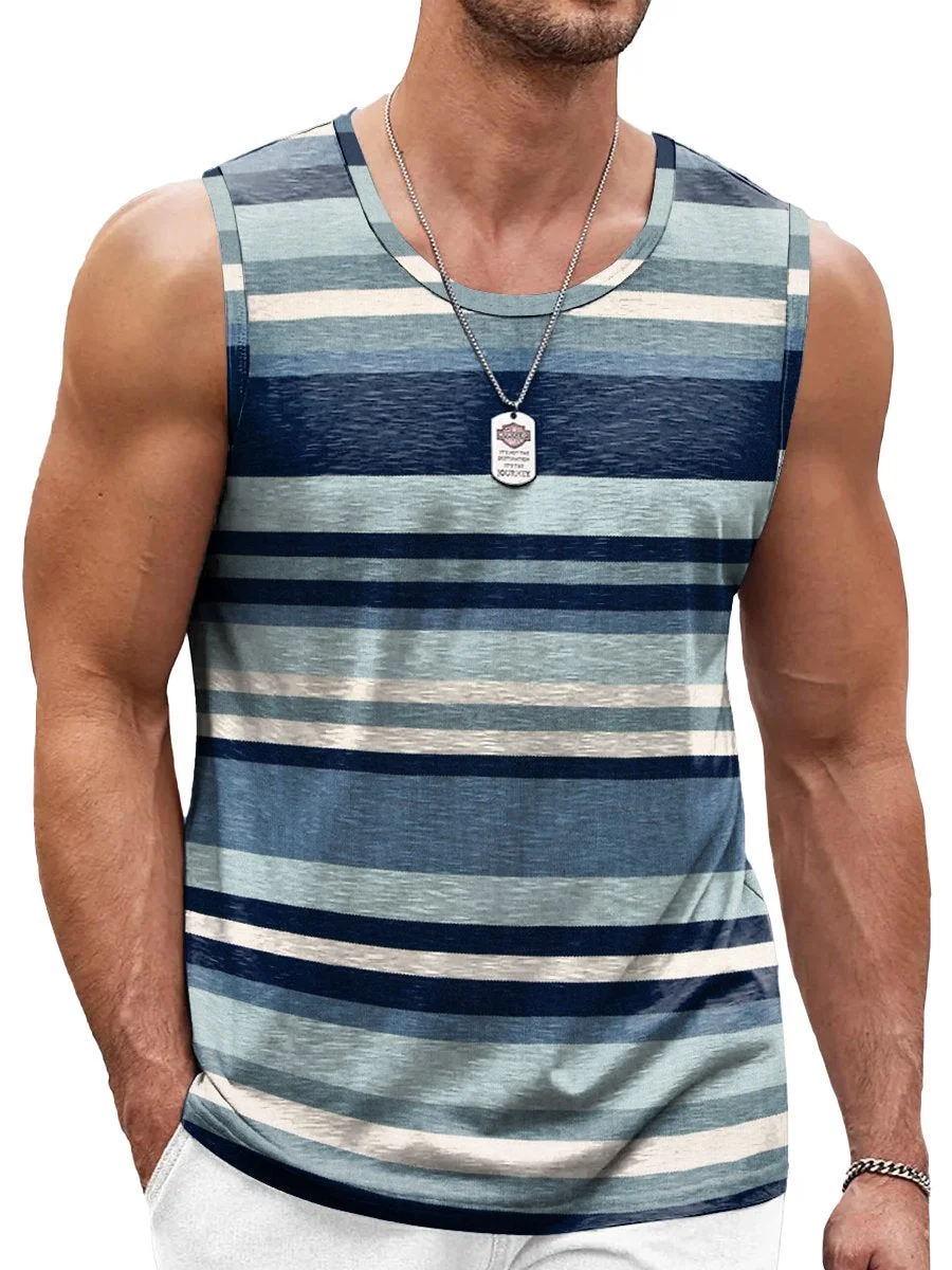 Blue and White Gradient Stripes Print Crew Neck Tank Top
