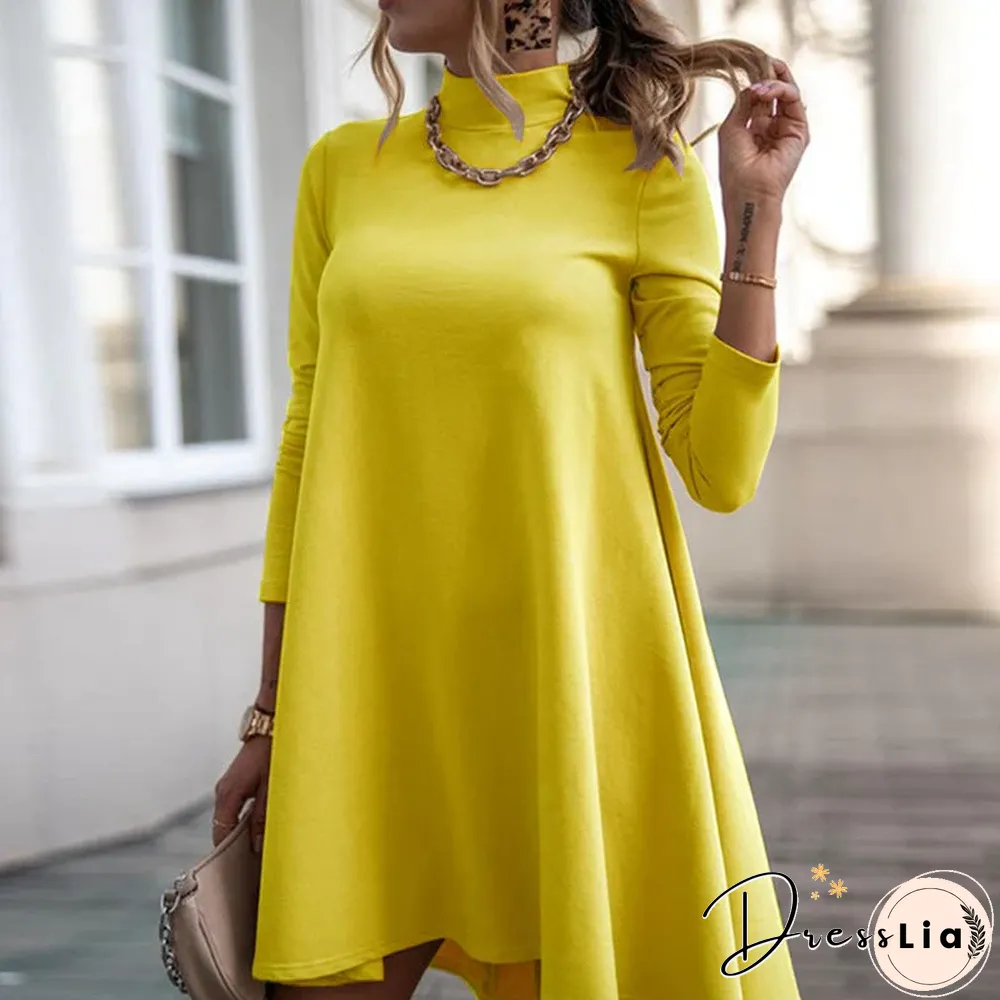 Solid Color Long Sleeve Turtleneck Loose Dress