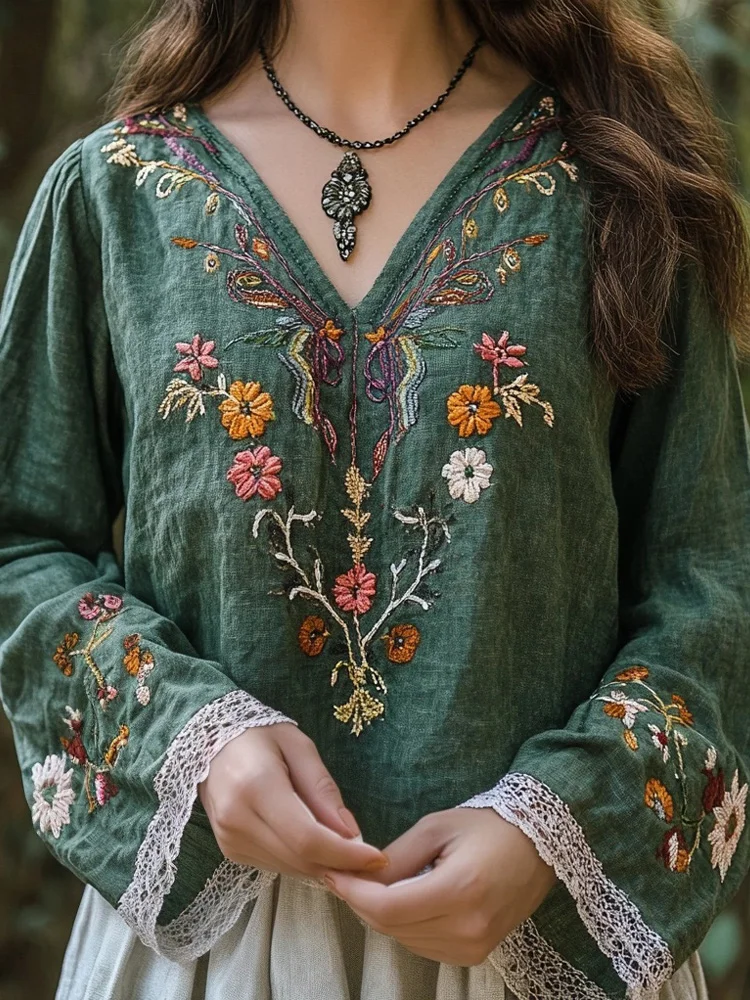 Utbros Vintage Boho Floral Embroidered Linen Blend Cozy Tunic
