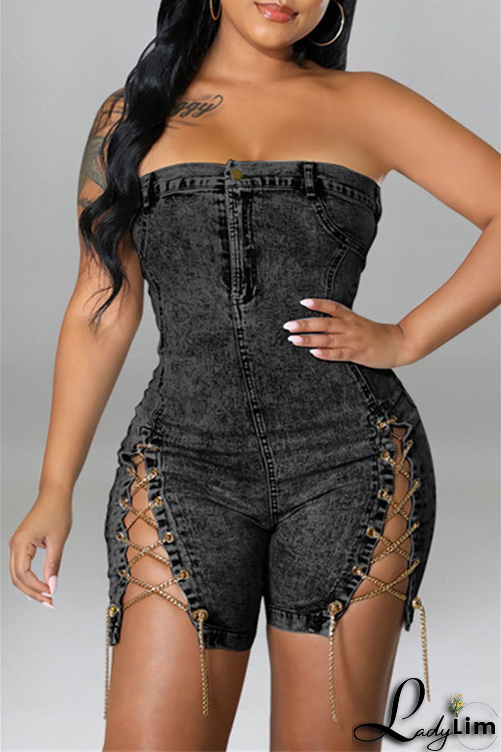 Deep Blue Fashion Sexy Solid Chains Backless Strapless Skinny Romper