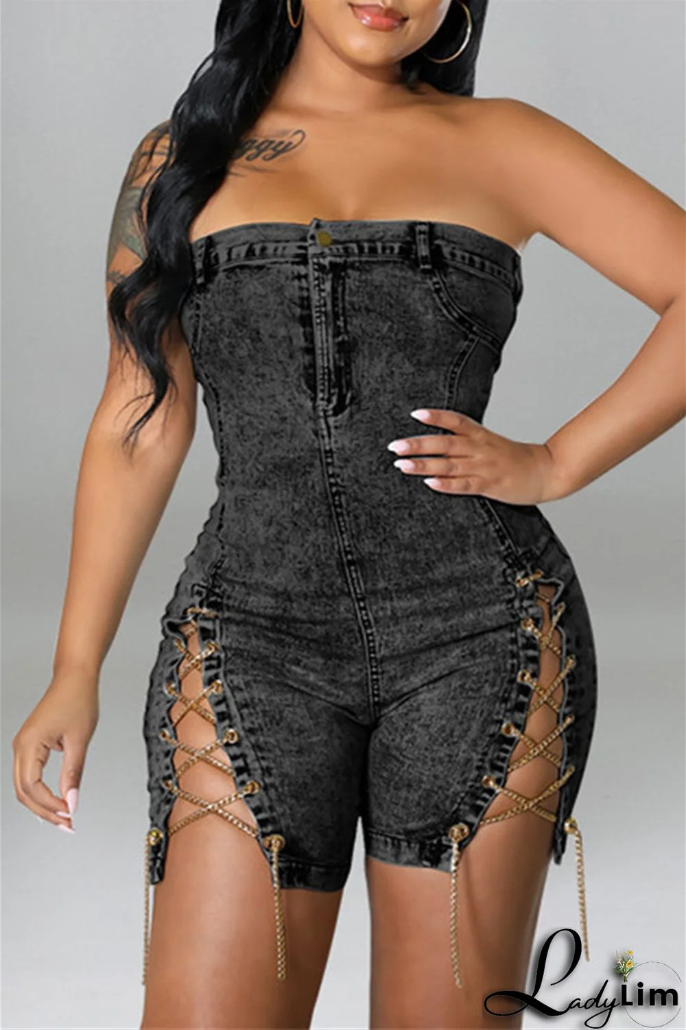 Deep Blue Fashion Sexy Solid Chains Backless Strapless Skinny Romper