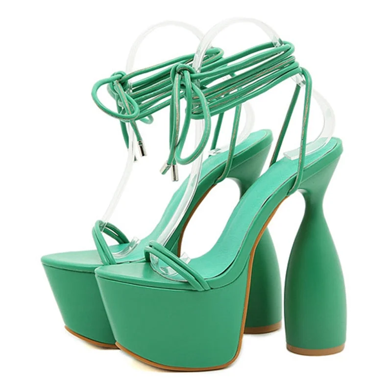 New Fashion Pink Green Cross Strap Sandals Club Female Thick-Soled Strange High-Heeled Gladiator Peep Toe Lace Up Platform Shoes
