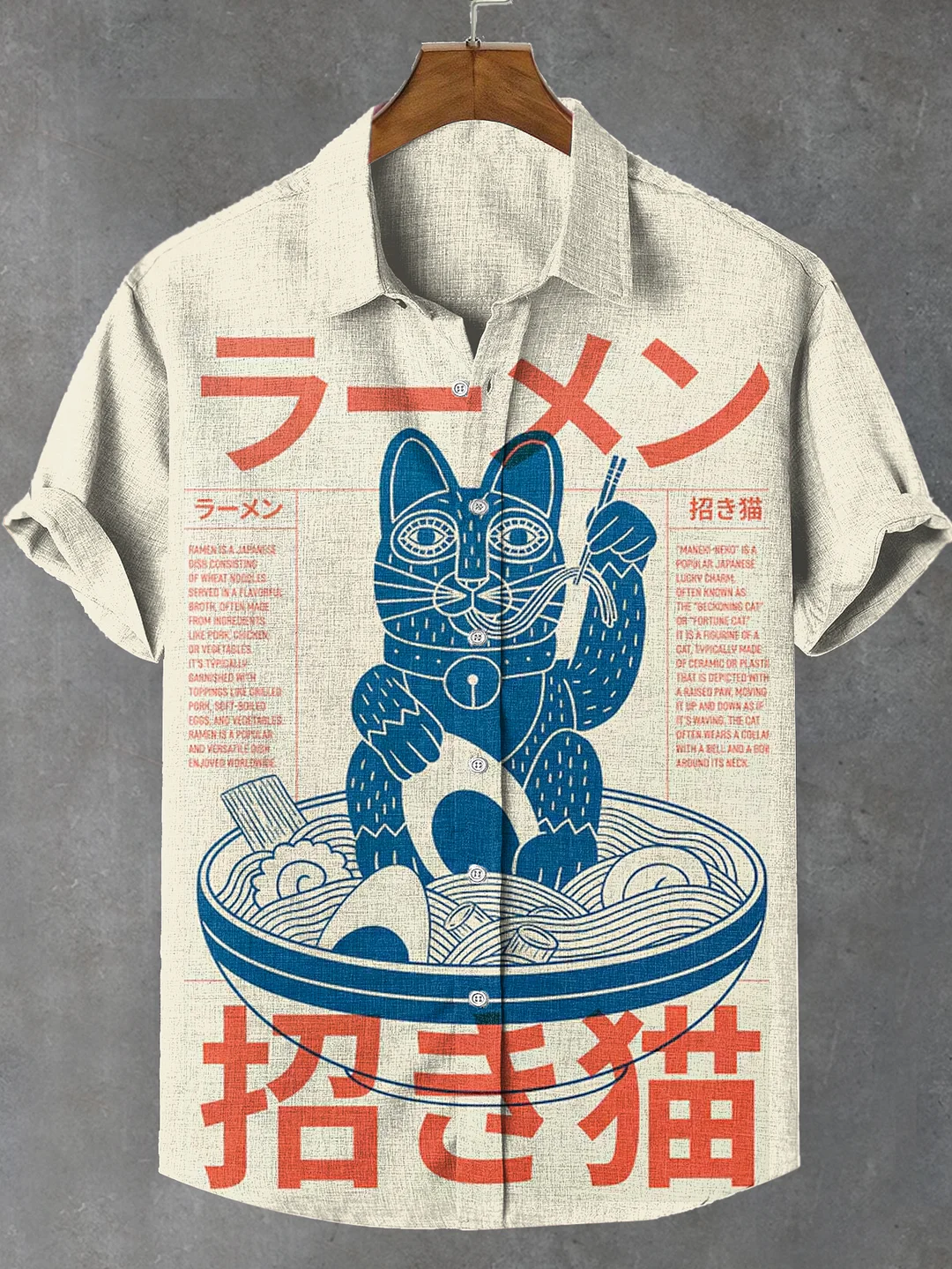 Men's Japanese Fun Fortune Cat Print Linen Blend Shirt