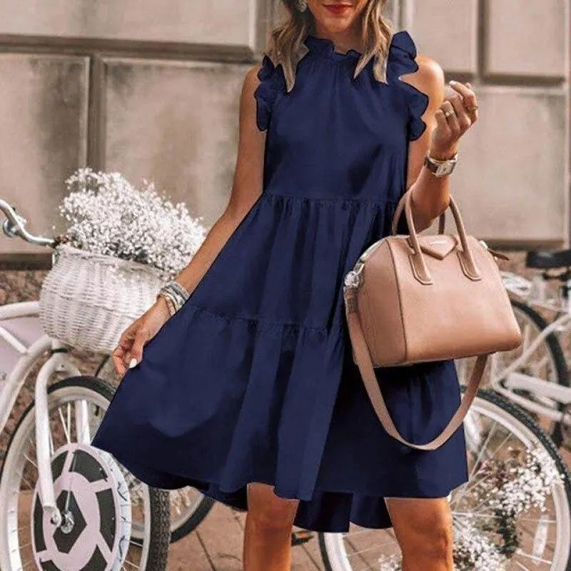 CHURSES Women Summer Ruffled Casual Dress Loose O-Neck Sleeveless Solid Color Stitching Pullover Dress 2021 New Retro Mini Dress
