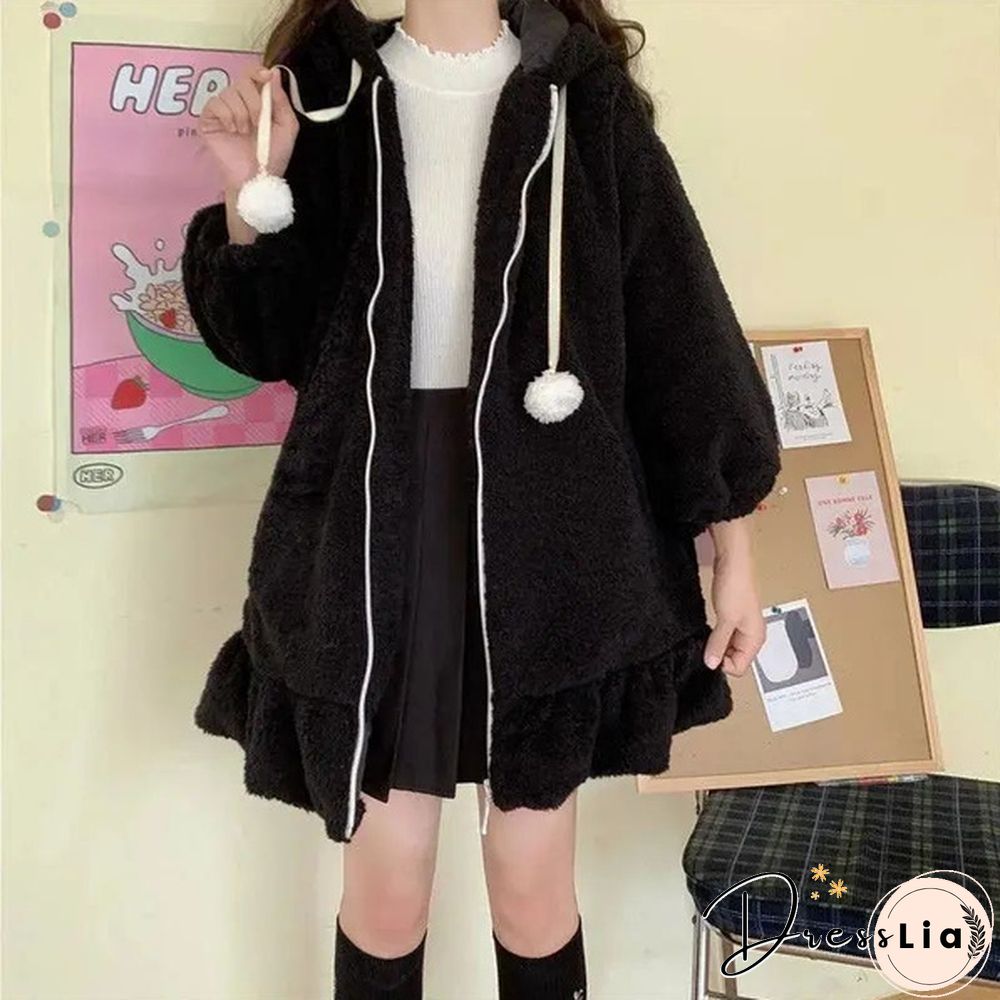 New Women Kawaii Zipper Hooded Coat Rabbit Ears Cute Sweet Girls Harajuku Style Warm Jacket