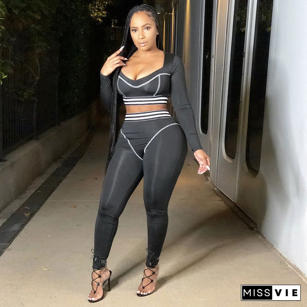 V-neck Stripe Long Sleeve Crop Top Tight Sport Suit