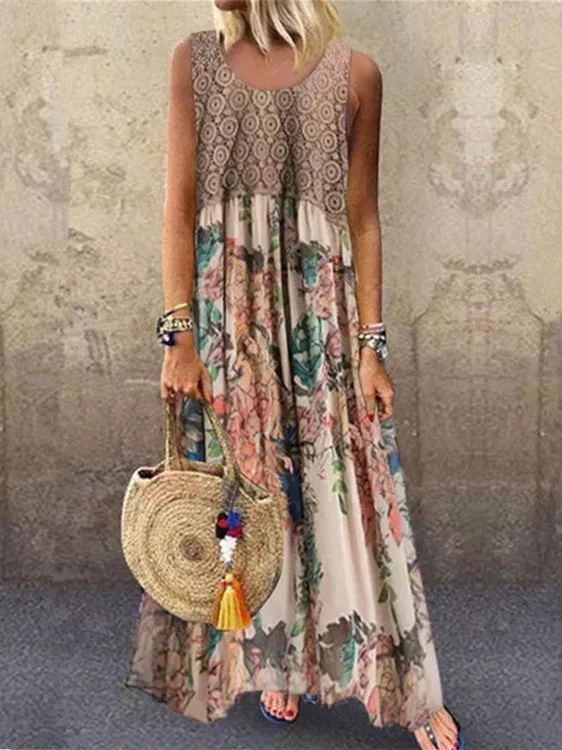 Women Sleeveless Scoop Neck Colorblock Floral Printed Stitching Maxi Dress
